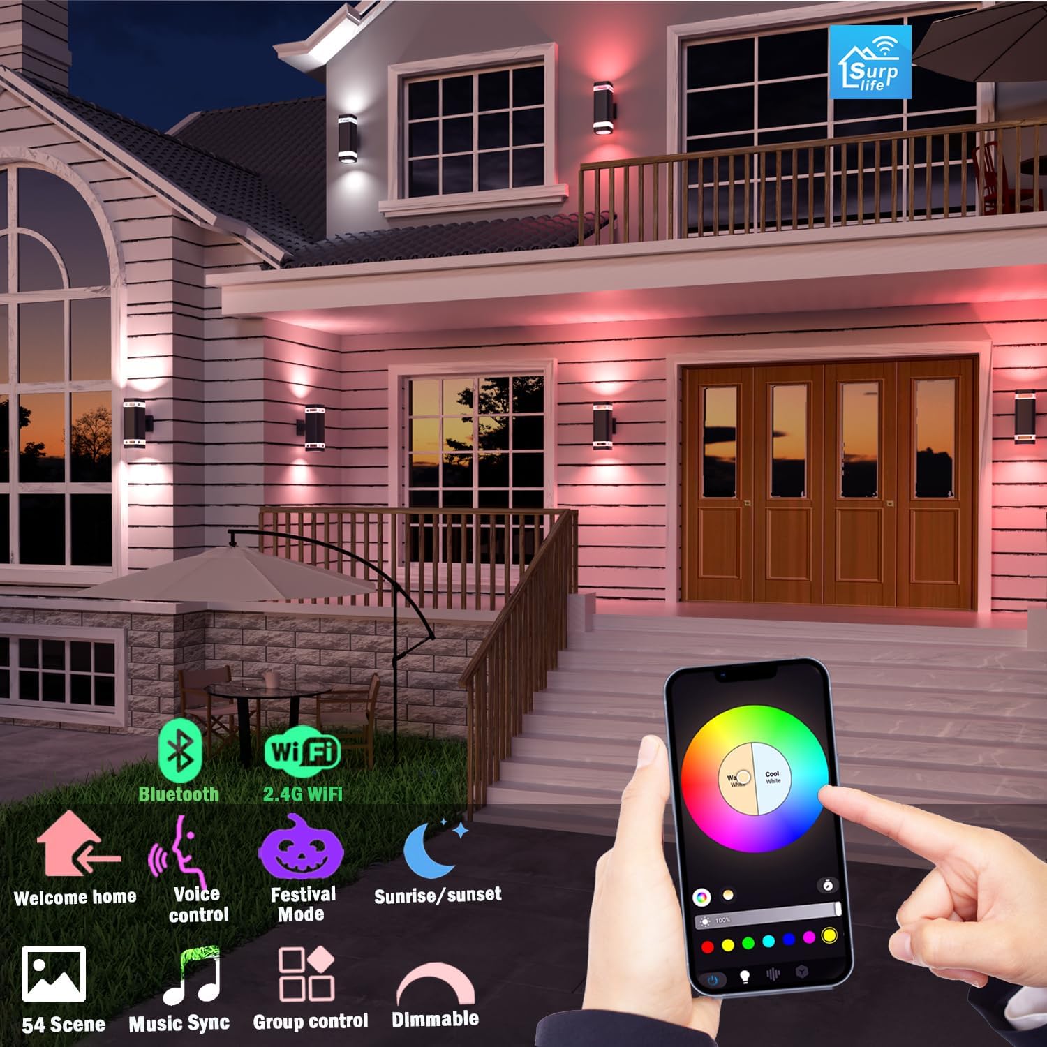 Smart WiFi Outdoor Wall Sconce Lights 2 Pack,Porch Lights RGB Color Changing App Control, Dimmable White Range of 2700K-6500K Up Down Exterior Wall Lights for House,Works with Alexa Google Assistant