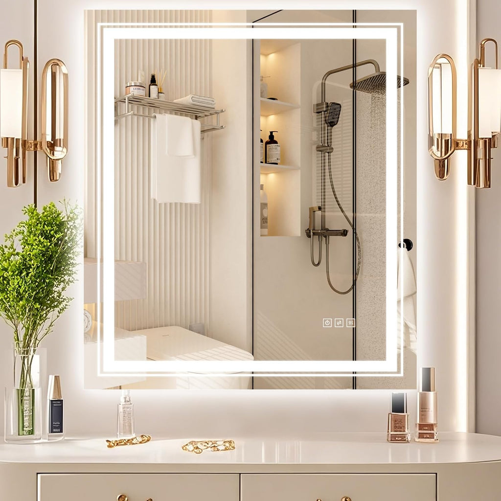 28x32 LED Mirror for Bathroom with Front and Backlit Light Up Digital Mirrors for Wall,Anti Fog,Stepless Dimmable,Tempered Silver Glass Smart Vanity Mirror for Bathroom