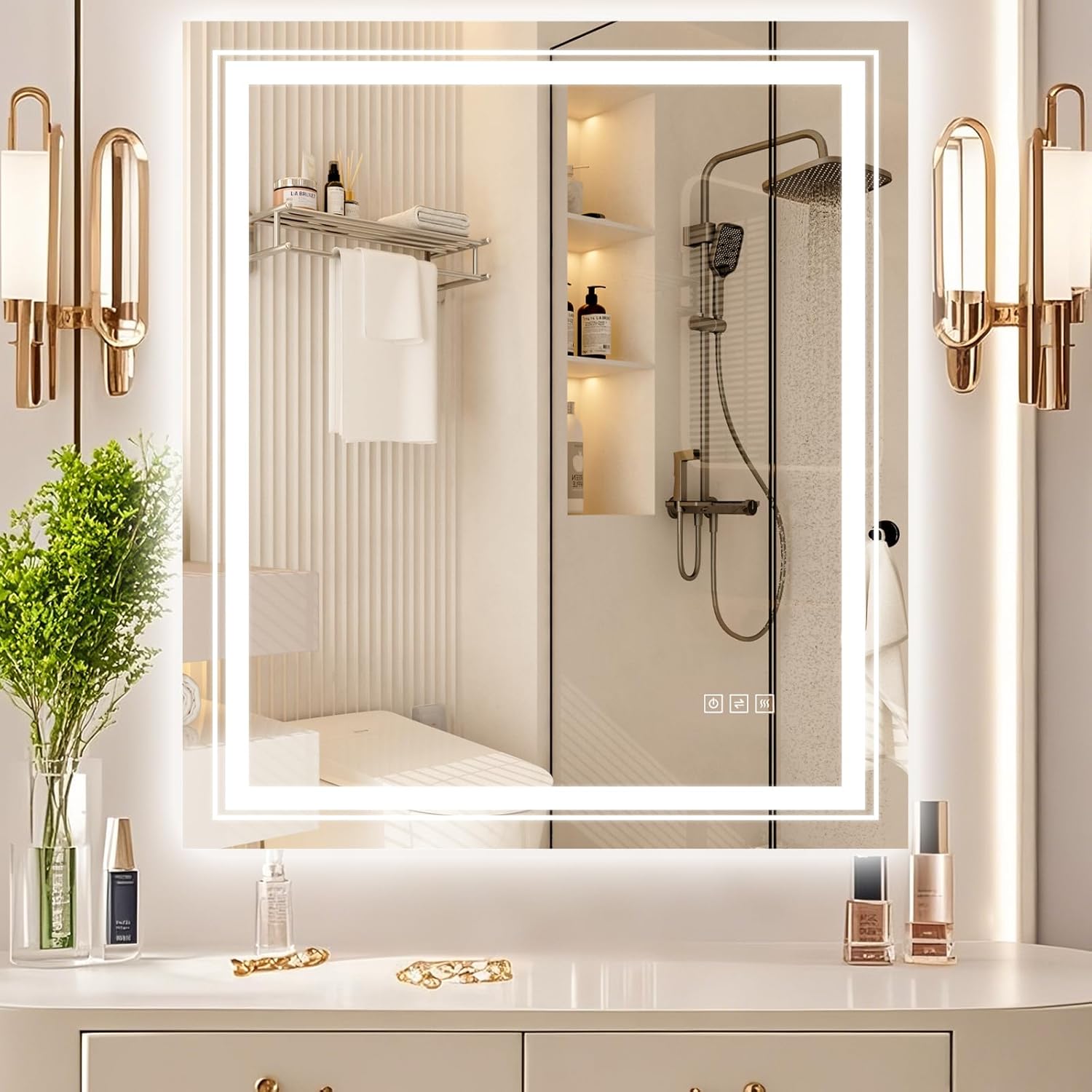 28x32 LED Mirror for Bathroom with Front and Backlit Light Up Digital Mirrors for Wall,Anti Fog,Stepless Dimmable,Tempered Silver Glass Smart Vanity Mirror for Bathroom