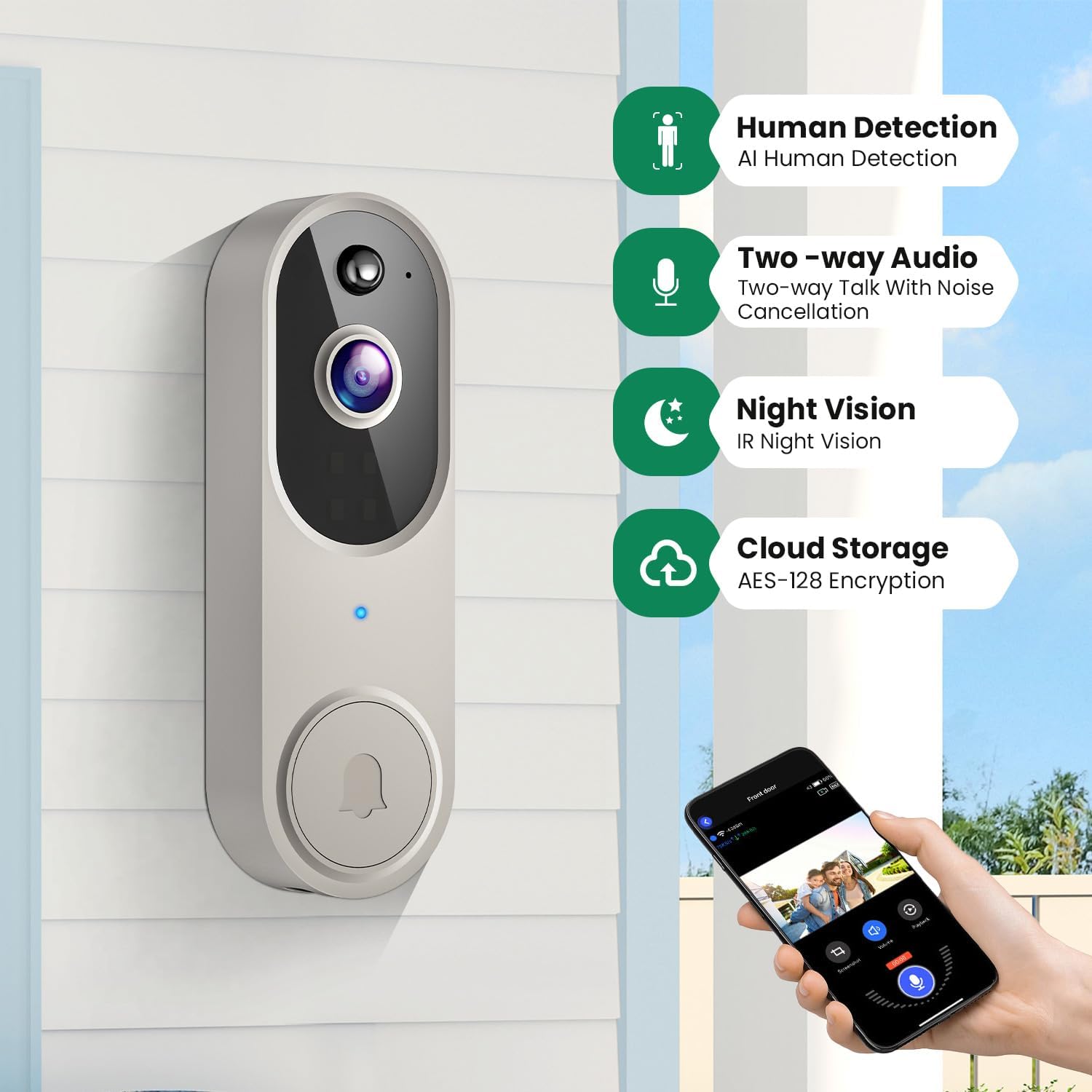 1080p Wireless Video Doorbell Camera, AI Human Detection, Live View, Night Vision, Cloud Storage, 2.4G WiFi, Battery Powered, Indoor Outdoor Surveillance (Doorbell Receiver Included (Linen))