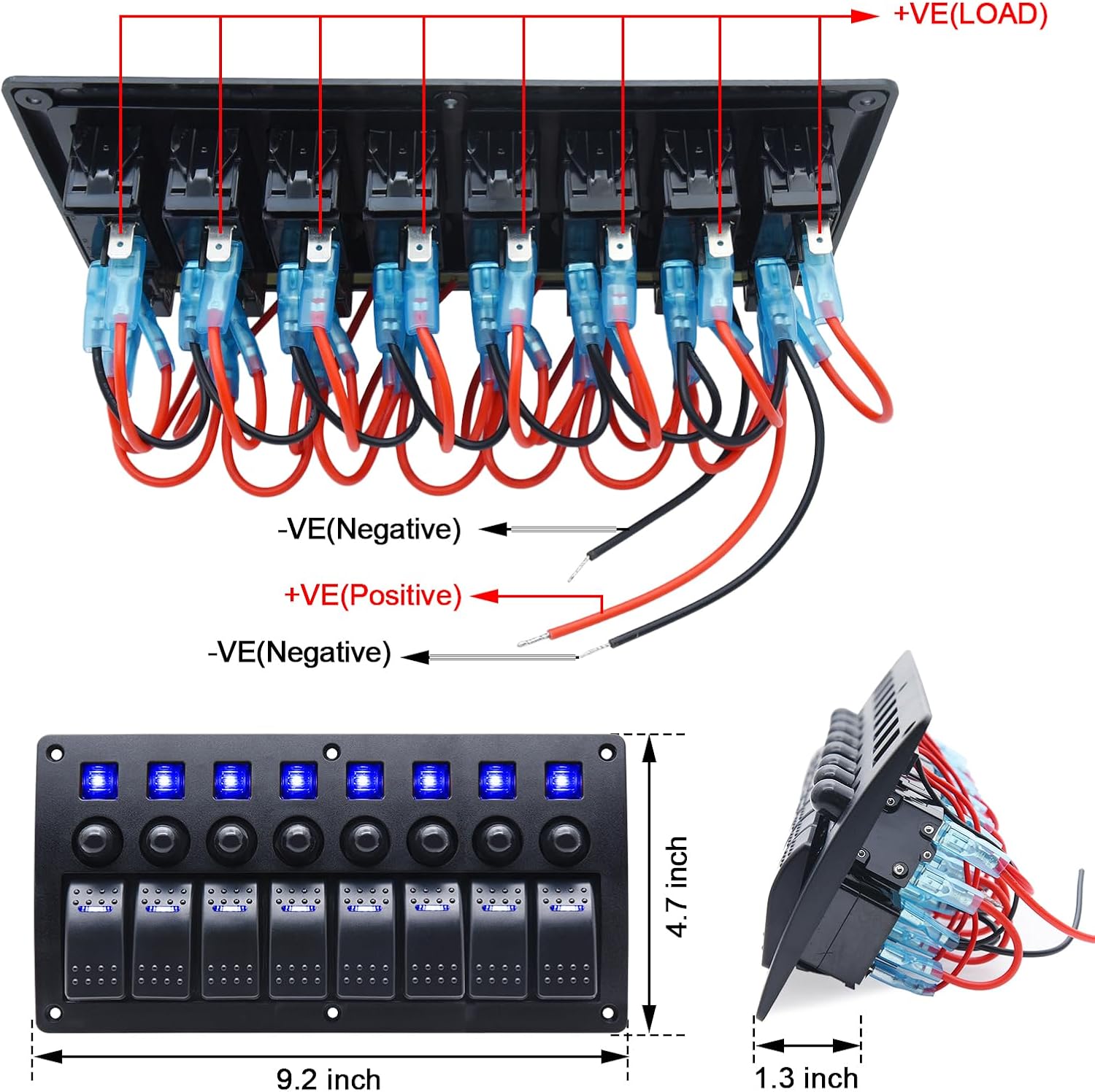 8 Gang Marine Switch Panel, Boat Rocker Switch Panel Waterproof, 12V Aluminum Switch Panel, Marine Toggle Switches ON/Off with Circuit Breaker 5A 10A 15A for Car RV Truck (Blue)