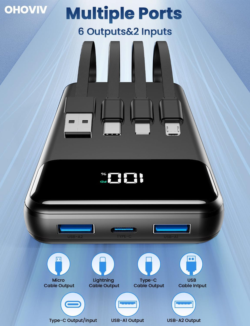 Portable Charger, 50000mAh Power Bank with Built in Cables, 22.5W Fast Charging Battery Pack, Portable Phone Charger for Travel Camping Essential,PowerBank Compatible with iPhone 17/16/15/14, Samsung