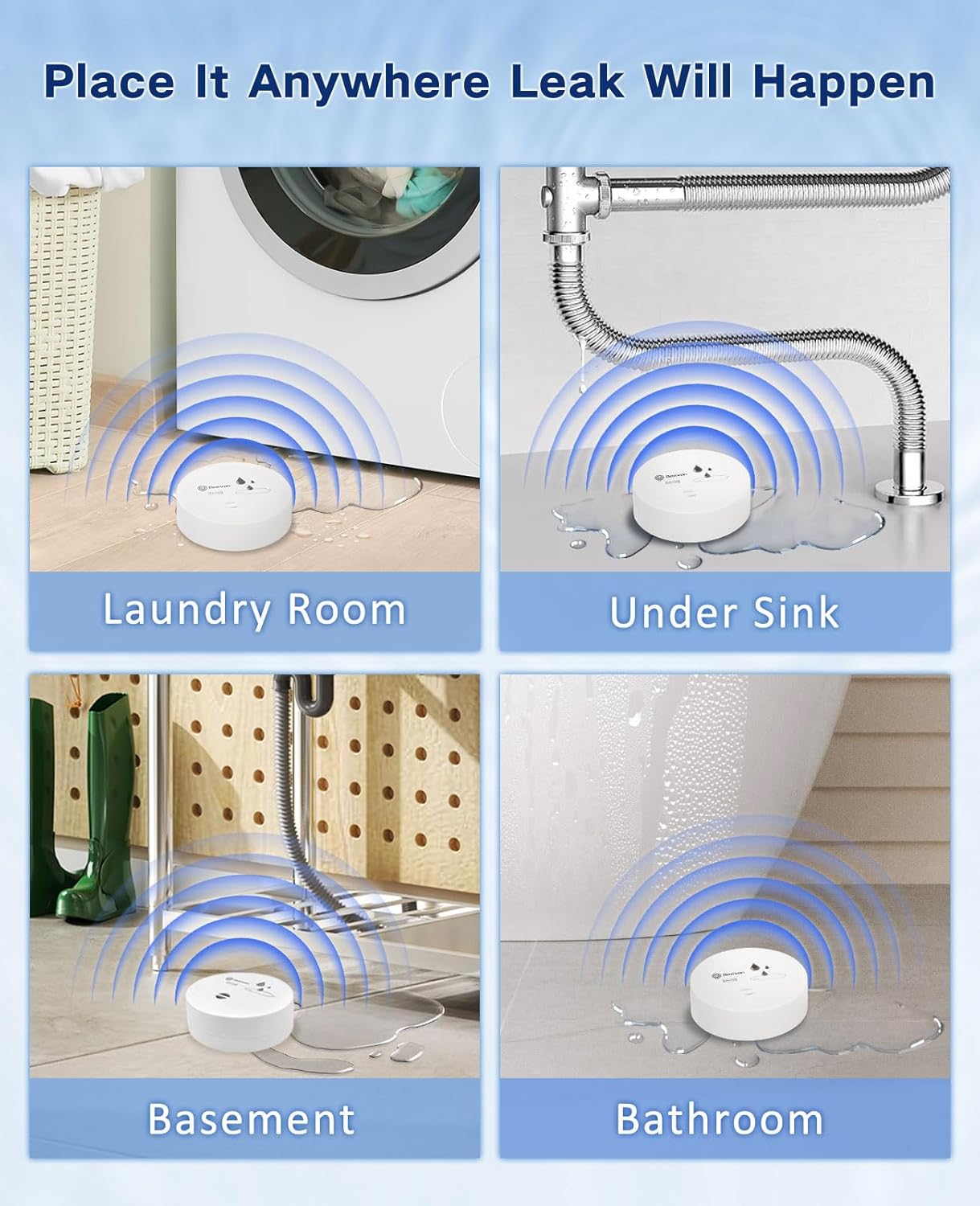 Geevon 6 Pack Water Leak Detectors, 100dB Water Sensor Alarms Flood Detector for Basements, Bathrooms, Laundry Rooms, Kitchens, Garages, and Attics, Water Alarms Battery-Operated (Battery Included)