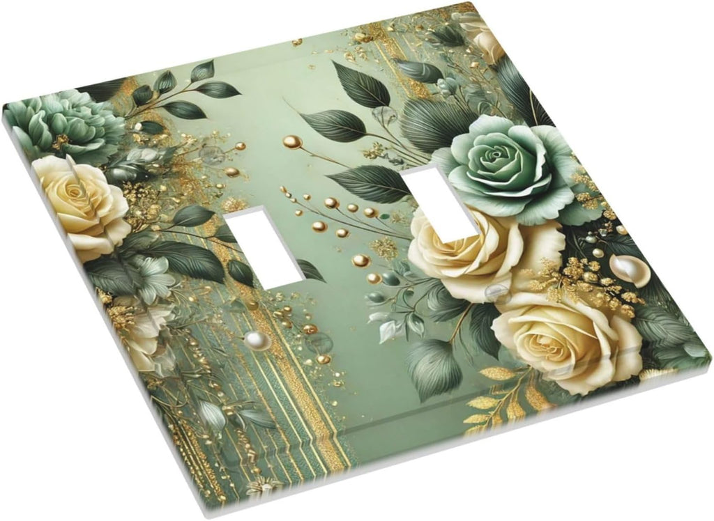 Decorative Light Switch Cover Plate Rustic Green Floral Leaves Teal Flowers Gold Stripe 2 Gang Wall Plate Oversized Double Toggle Two Switch Wall Cover Plate Device Faceplate