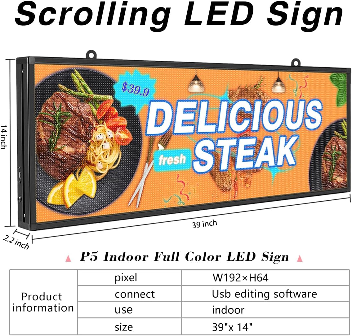 P5 Outdoor IP65 Waterproof 39"x14" Programmable LED Sign Board - WiFi Full Color High-Res Scrolling Display, USB Control, Custom Images & Video for Business