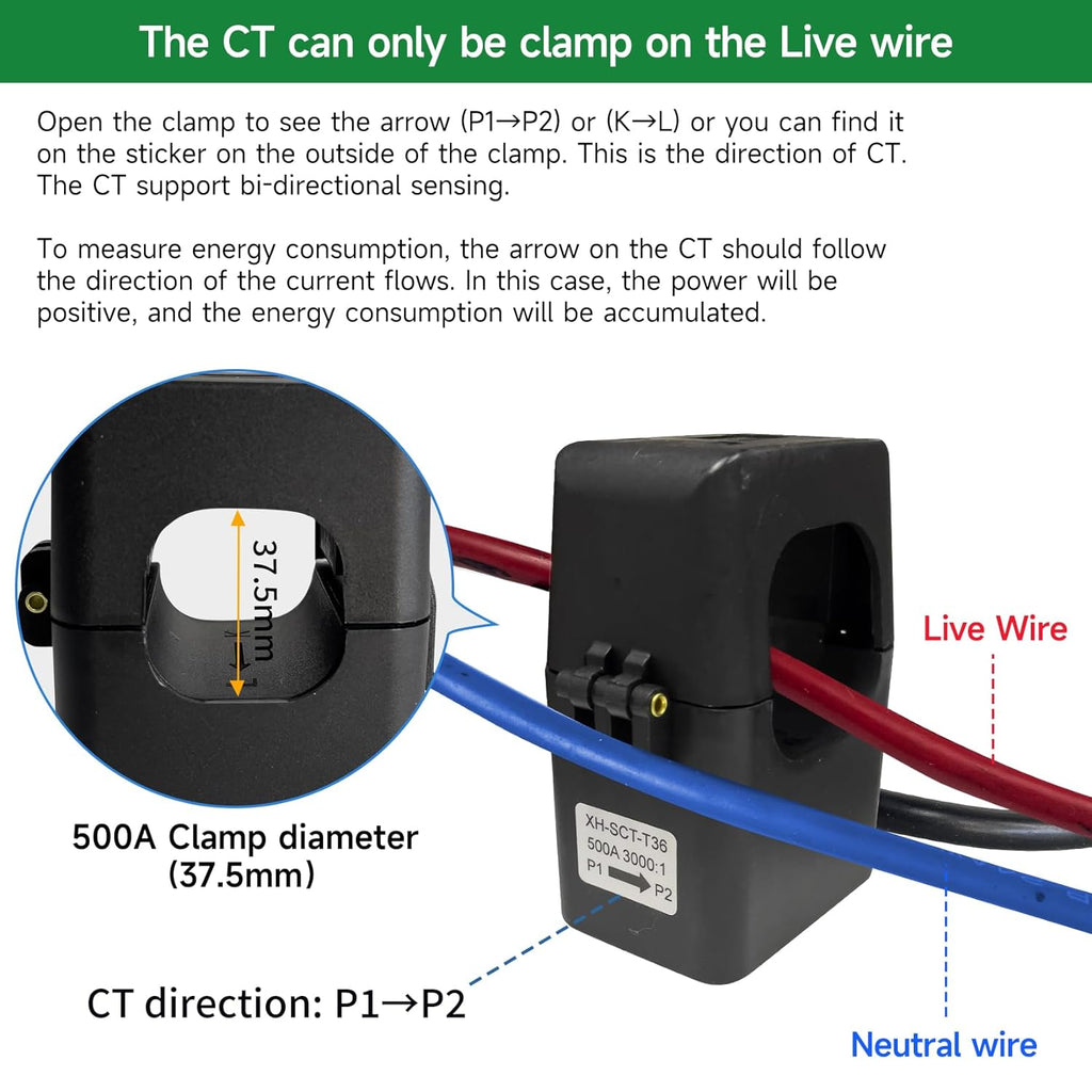 WiFi Energy Monitor with 2 * 500A Clamps, Real-Time Electricity Tracking, Smart Home Power Management