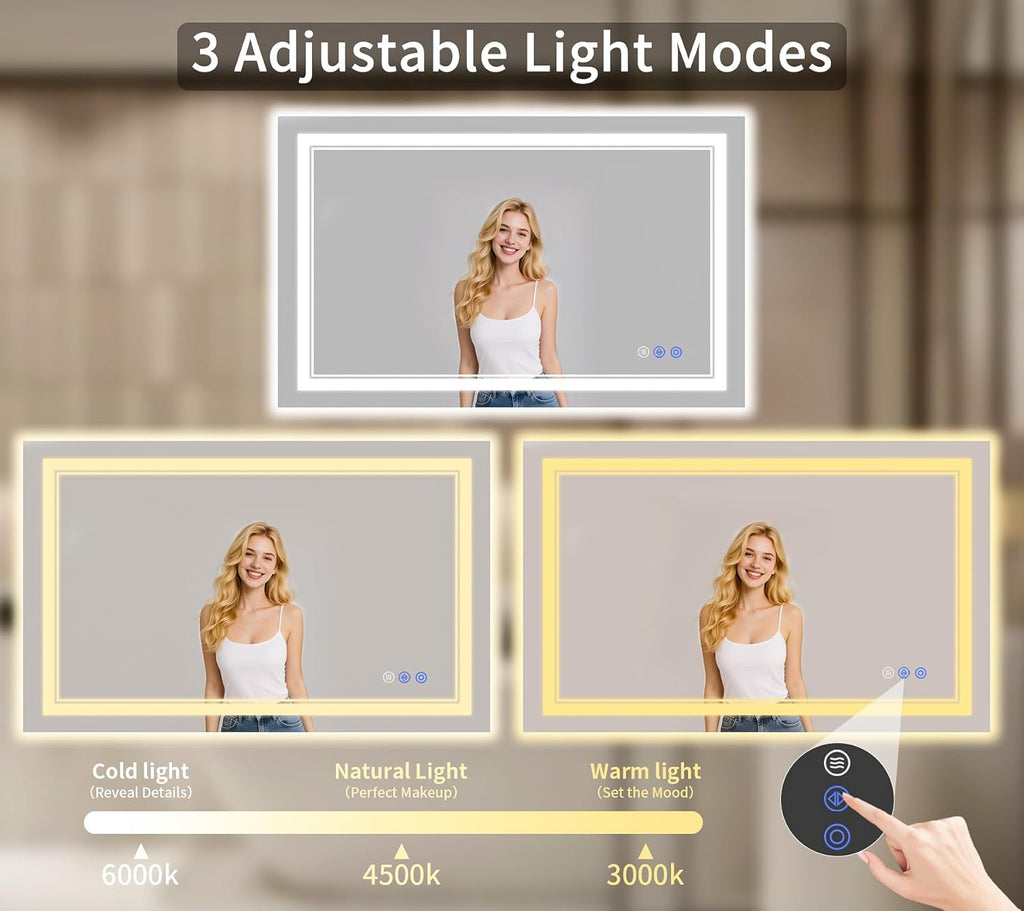 32"x48" LED Bathroom Mirror with Lights, Anti-Fog, Backlit + Front Lit, Dimmable, Led Vanity Mirror for Wall, Lighted Bathroom Mirror, 3 Colors, Shatter-Proof Tempered Glass