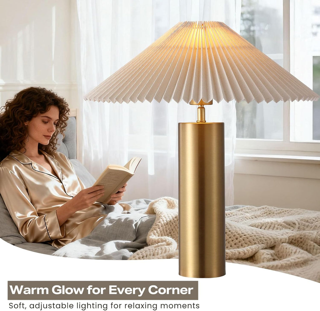 Modern Table Lamp with Metal Blade Lampshade and Cylindrical Base, E26 Bulb Compatible, Contemporary Accent Light for Living Room, Bedroom, Office (Gold)