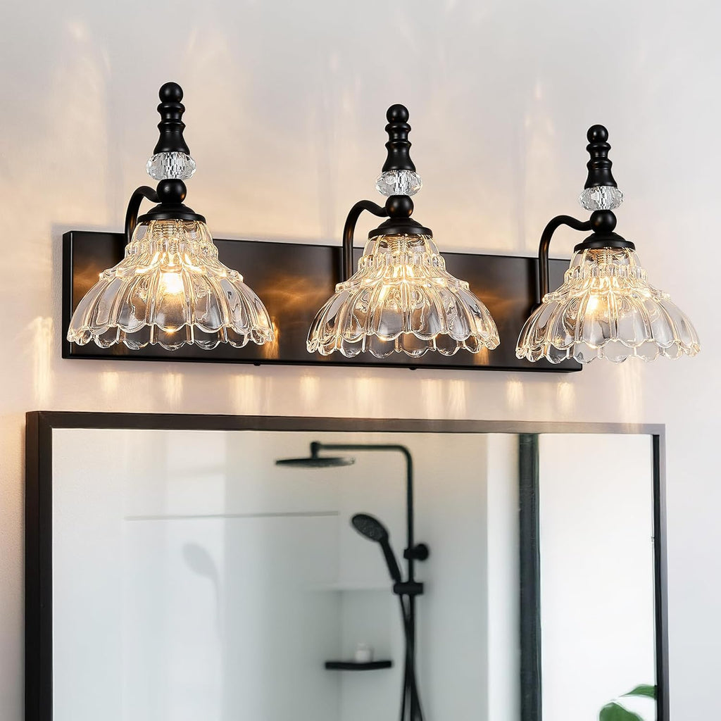 Vintage Bathroom Vanity Light, 3-Light Black Vanity Lighting Fixture with Flower Glass Shade, Bathroom Lighting Fixtures Over Mirror