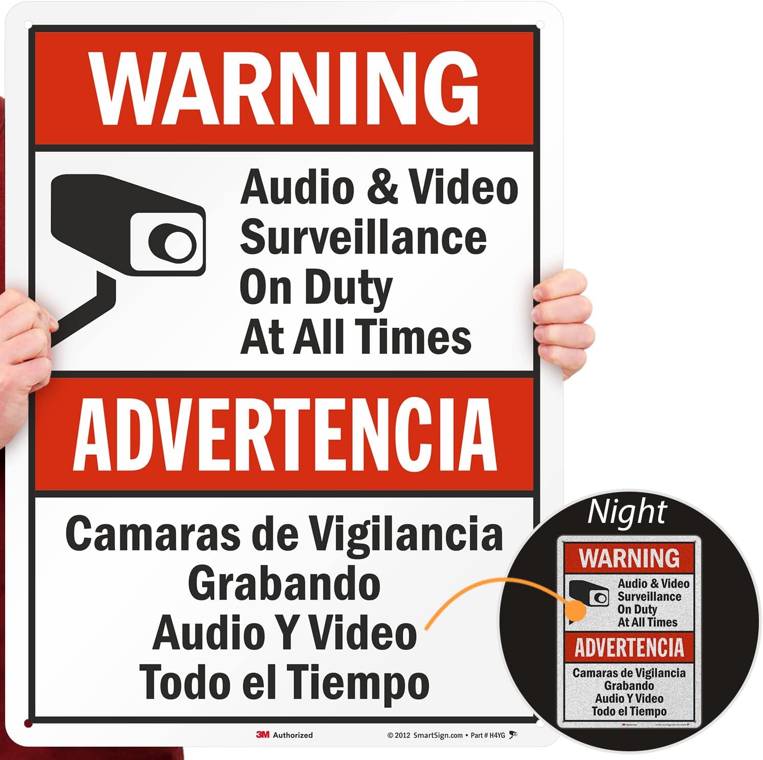 SmartSign 24 x 18 inch “Warning - Audio & Video Surveillance On Duty At All Times” Bilingual Sign, 80 mil Aluminum, 3M Laminated Engineer Grade Reflective Material, Red, Black and White, USA-Made
