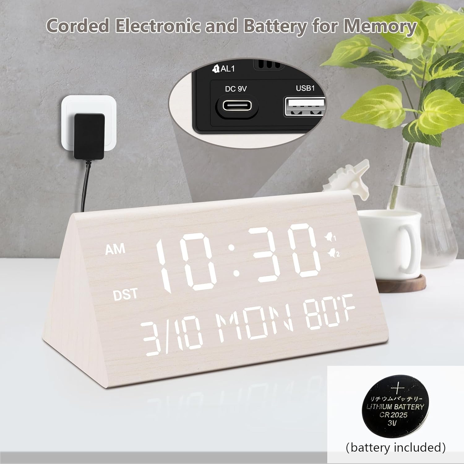 Kogonee Wooden Digital Alarm Clock, 0-100% Dimmer, 2 Alarm Settings, Weekday/Everyday Mode, 9 Mins Snooze, 12/24H, Temperature and Date Display for Office, Travel, Bedroom Alarm Clock (White)
