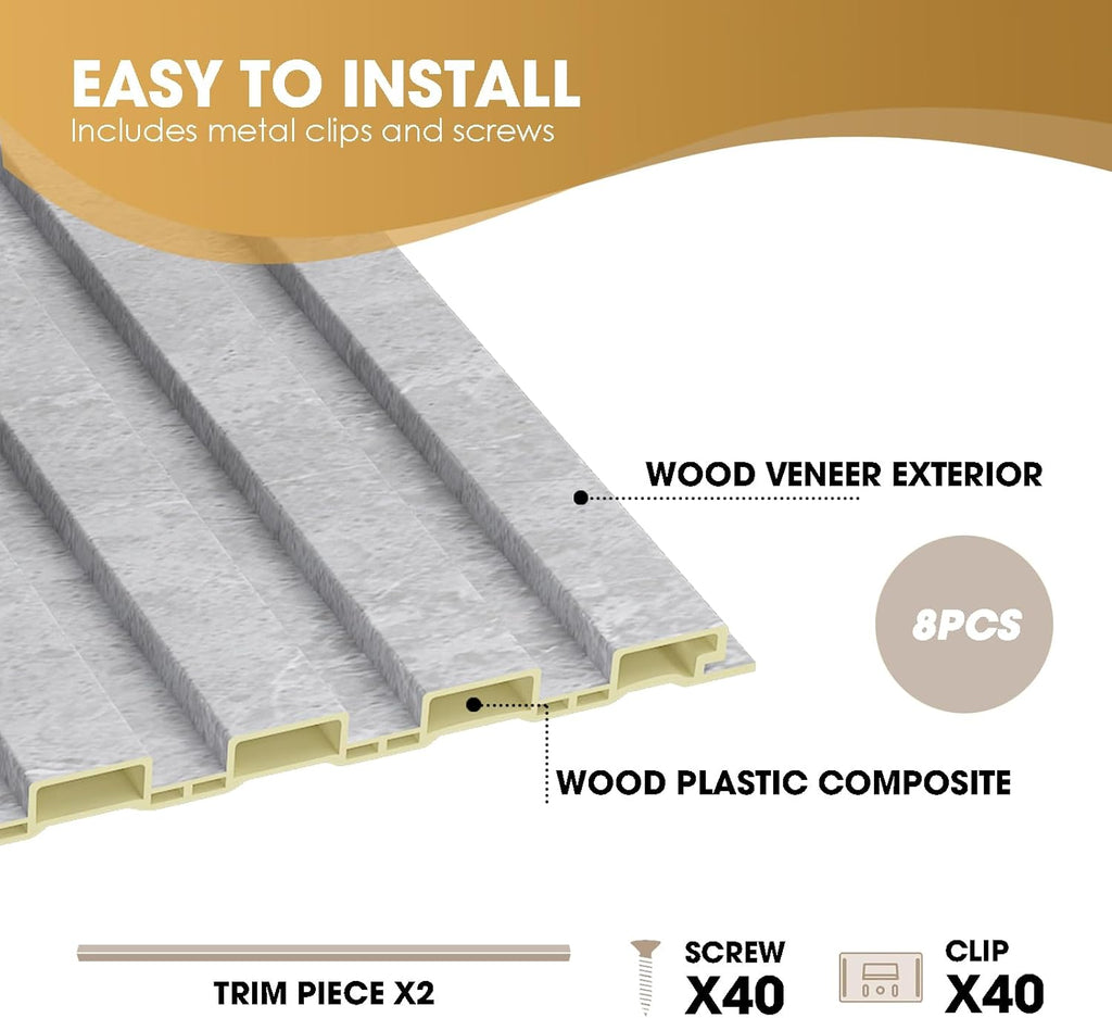 OUZUGIE WPC Acoustic Slat Wall Paneling, 8-Pack 96 x 6 Inches 3D Wall Panels for Interior Wall Decor,Living Room,TV Background,Study Room,Office Spaces,Bedroom,Low Grille (Gray Marble)