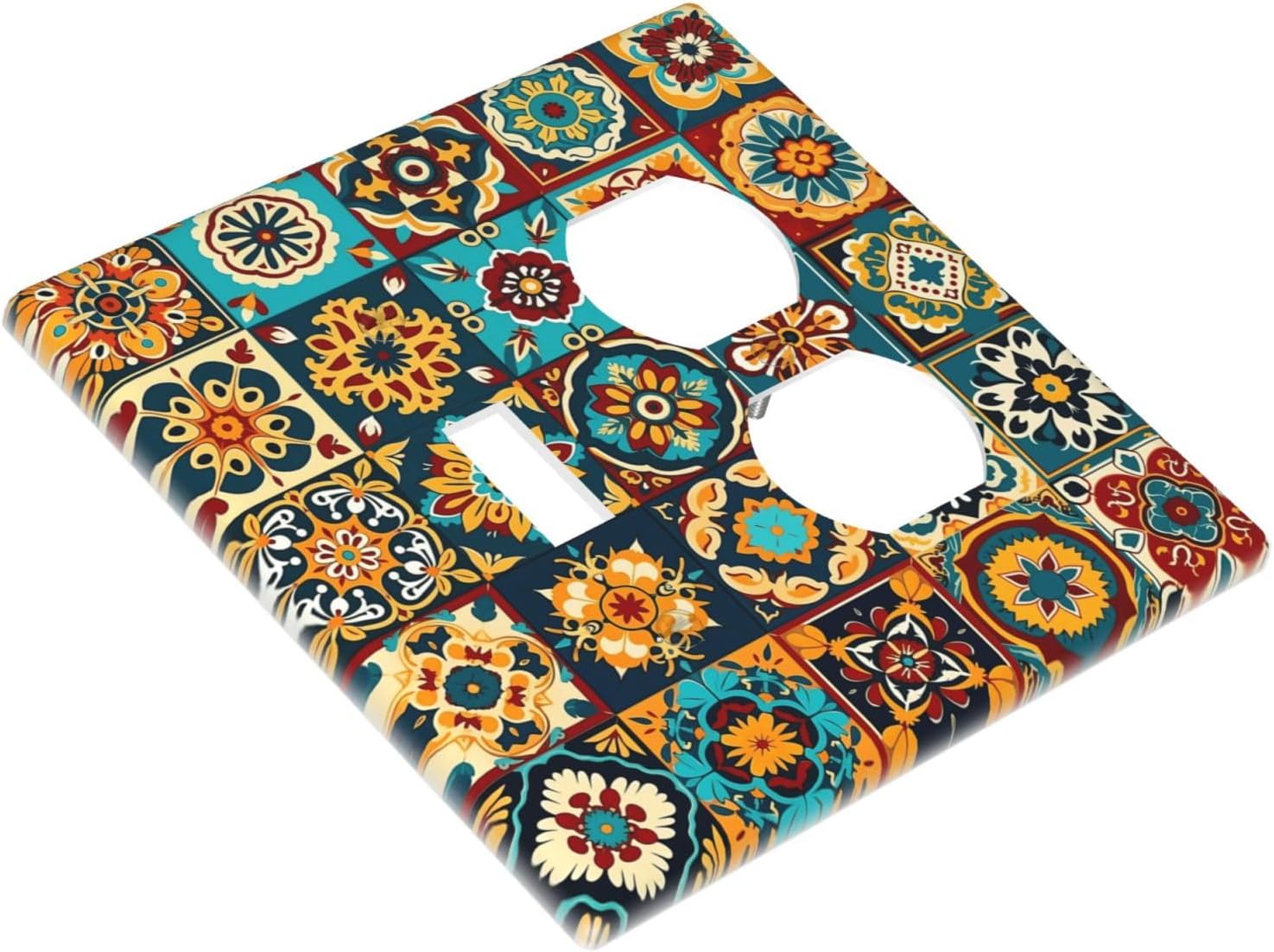 Mexican Talavera Ceramic Tile Moroccan Boho Wallplates 1 Toggle 1 Duplex Switch Plate Electrical GFCI Faceplate Decorative Light Switch Covers for Bathroom Kitchen Decor