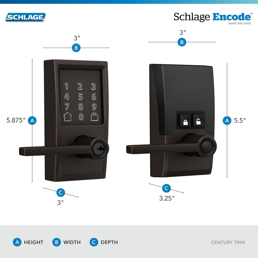 Schlage FE789WBCEN716LAT Encode Century WiFi Latitude Lever Smart Keyless Entry Touchscreen Door Lock, Aged Bronze