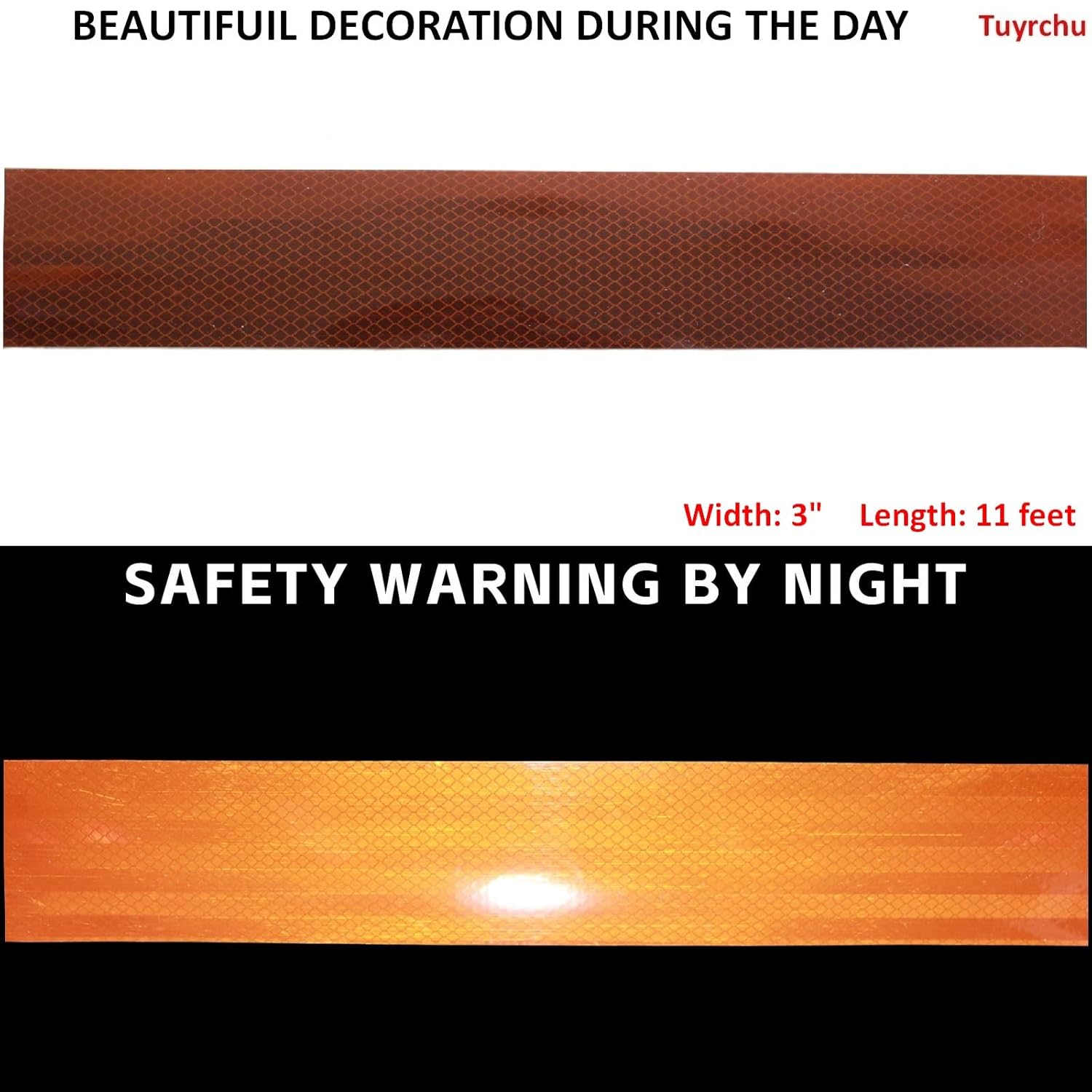 Non Fading Brown Reflective Tape Outdoor Waterproof 3 inch Wide, High Visibility Warning Safety Industrial Marking Tape (11 feet)