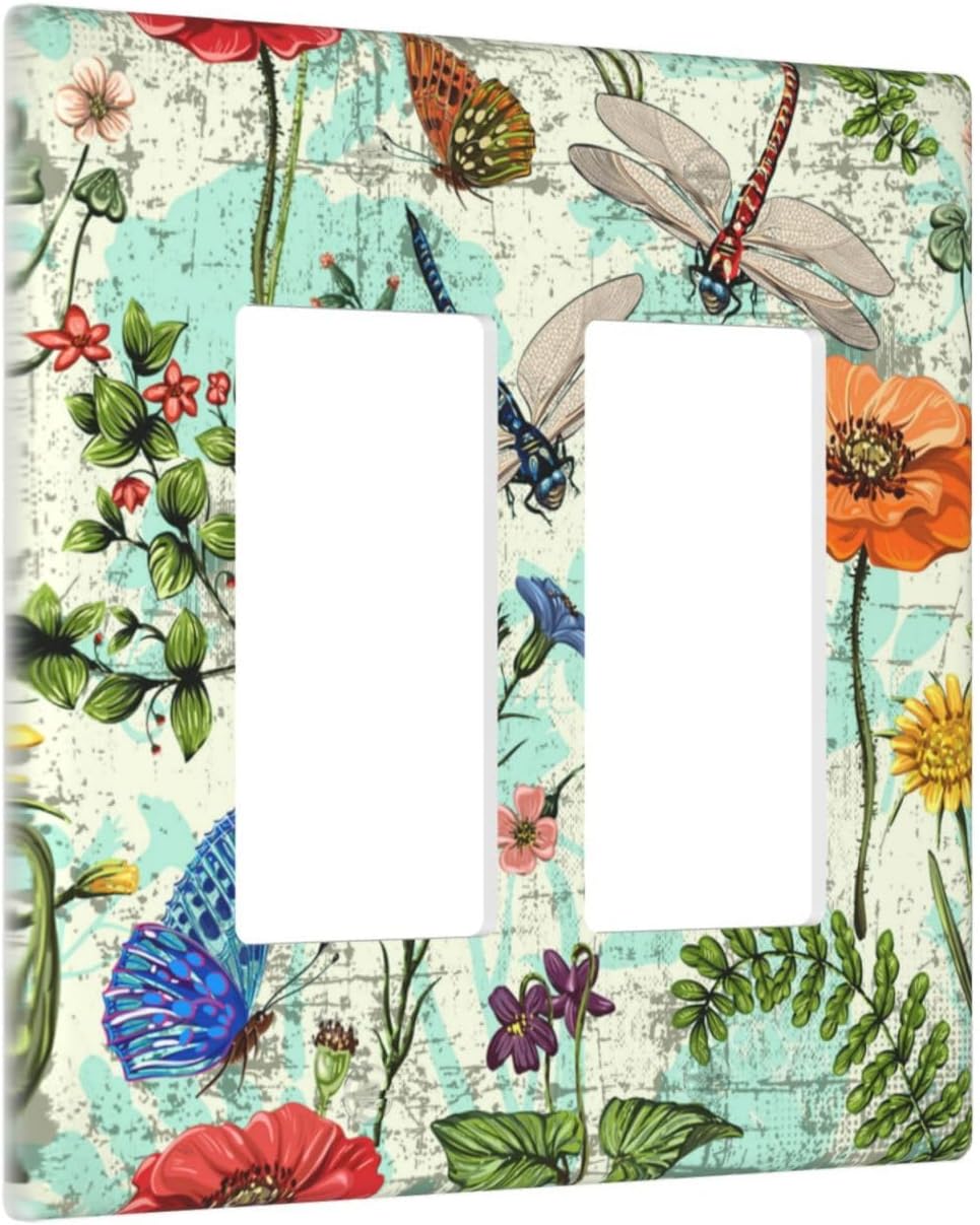 Dragonflies Flowers Butterfly 2 Gang Double Rocker Outlet Light Switch Cover Decorative Wall Plate Cover For Home Living Bedroom Kitchen Decorative