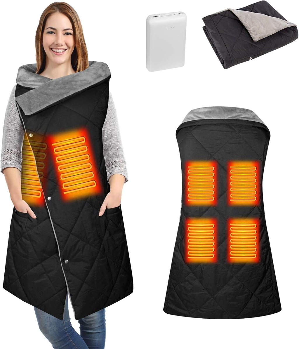 Battery Operated Heated Blanket, Fast Heating Wearable Wireless Heated Shawl Throw, Water-Resistant Cordless Electric Blanket with Power Bank for Camping, Outdoor, Stadium, Winter Warm Gift(Black)