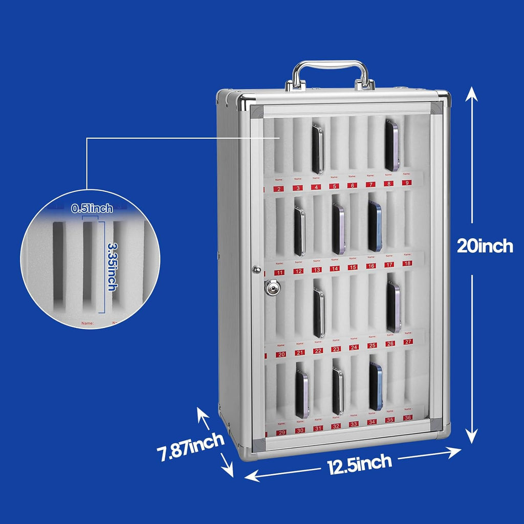 36 Slots Cell Phone Locker,Pocket Chart Cell Phones Storage Cabinet for Cell Phones,Wall-Mounted with a Locked, Lock Box for Phone with Handle for Enterprise & Classroom - Silver
