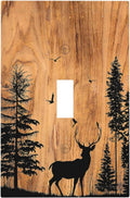 Decorative Light Switch Cover Rustic Farmhouse Orange Brown Pine Tree Deer Wood Grain 1 Gang Single Toggle Device Electrical Faceplate Switchplates Decorator Outlet Wall Plate for Bedroom