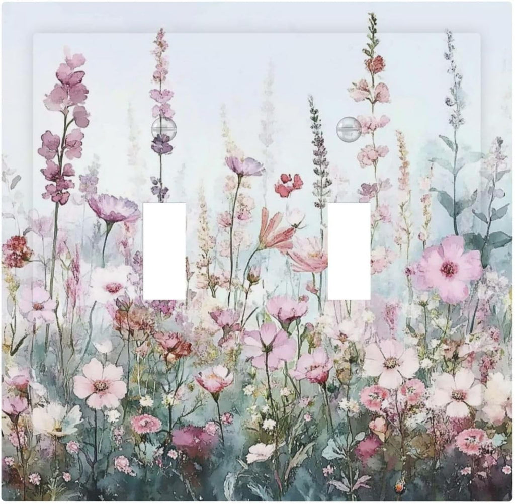 Pink Floral Watercolor Botanical Wildflowers Decorative Switch Plates 2 Gang Double Toggle Outlet Light Switch Cover Wall Plate Electrical Faceplate For Bed Room Living Room Decor