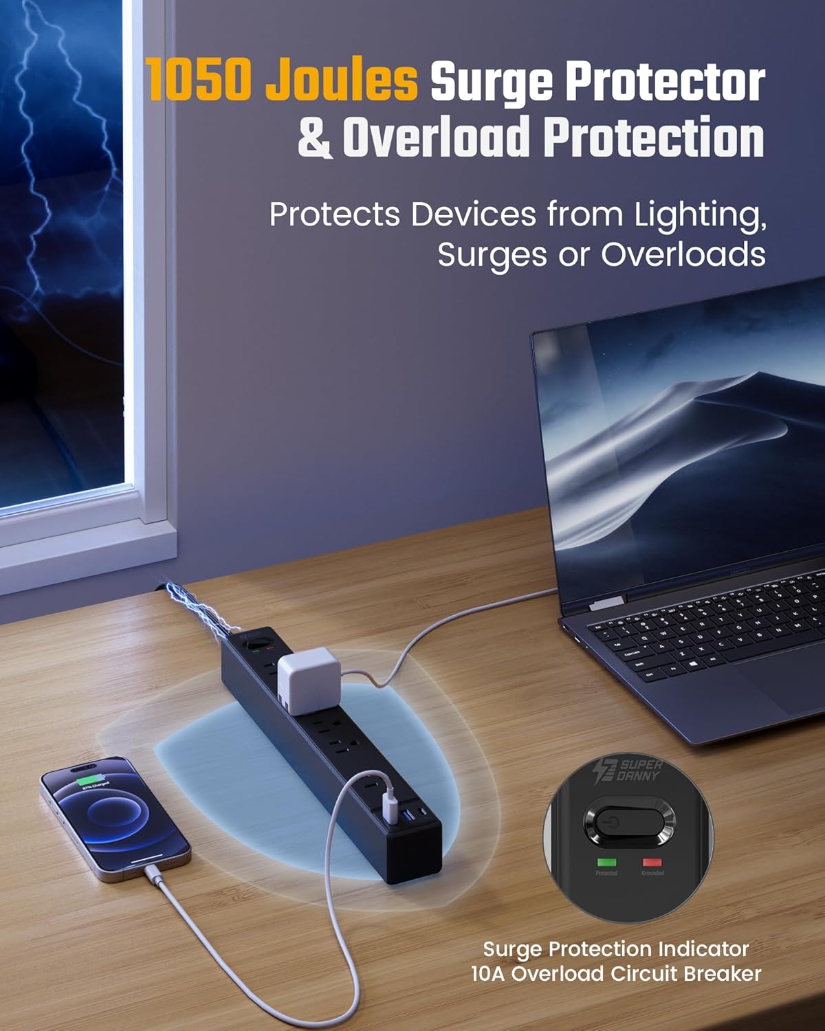 15Ft Long Extension Cord, SUPERDANNY Flat Plug Surge Protector Power Strip, 6 Outlets & 3 USB Ports, Desk Charging Station for Home Office, College Dorm Room Essentials