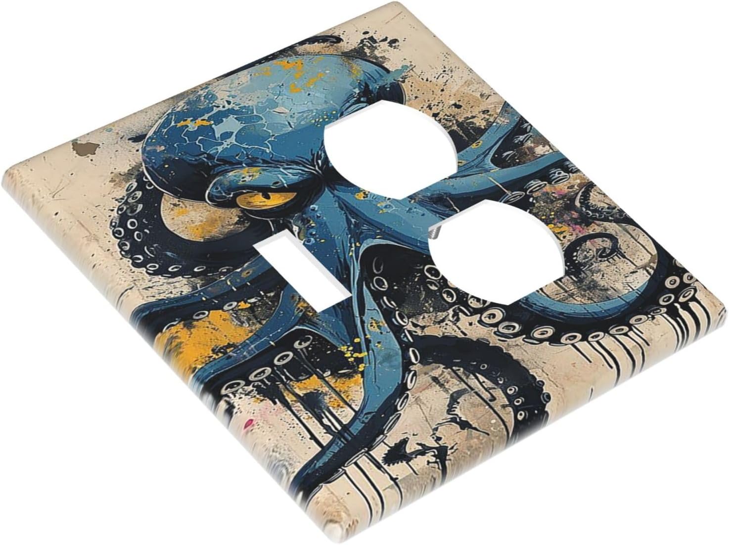 Wallplates Nautical Vintage Blue Octopus Yellow Eyes Oil Watercolor 1 Toggle 1 Duplex Switch Plate Electrical GFCI Faceplate Decorative Light Switch Covers for Kids room Nursery Decor