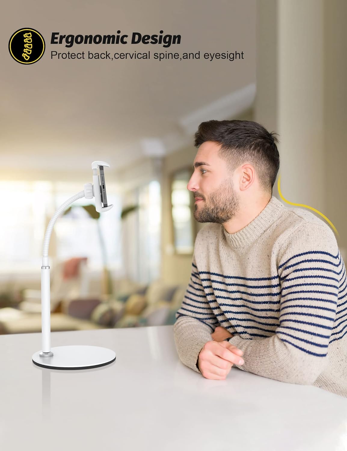 Cell Phone Stand, Adjustable Height & Angle Gooseneck Phone Stand for Desk Flexible Arm Universal Phone Holder, Aluminum Alloy Desktop Phone Stand for Recording Compatible with 3.5"-7" Device (White)