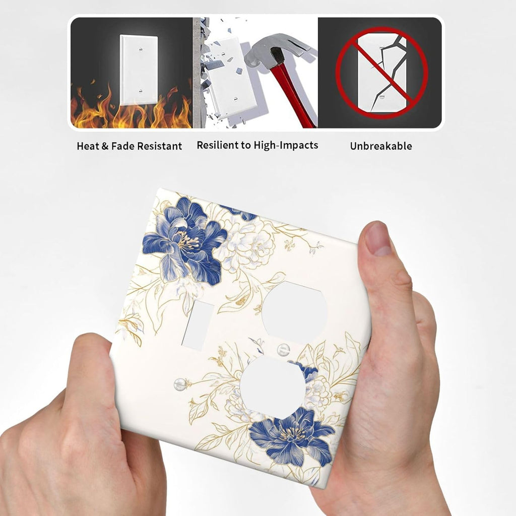 Decorative Outlet Covers Rustic Blue Flower Floral Gold Leaf 2 Gang Light Switch Cover Plate Single Toggle Duplex Wall Plates for Electrical Outlets Switch Plate Covers for Home Decor