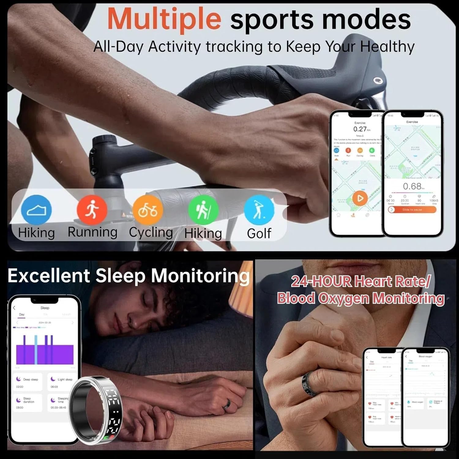 Smart Ring Health with LED Display Screen, Activity Tracker/Heart Rate/SpO2/Sleep/Step, Bluetooth Connection Smart Rings for Women Men, IP68 Waterproof Smart Ring for iPhone & Android(Silver, 12)