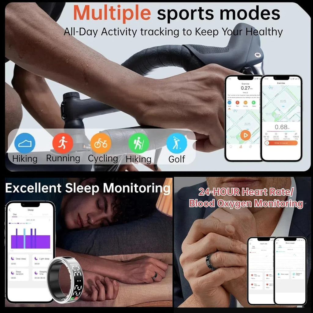 Smart Ring Health with LED Display Screen, Activity Tracker/Heart Rate/SpO2/Sleep/Step, Bluetooth Connection Smart Rings for Women Men, IP68 Waterproof Smart Ring for iPhone & Android (Black, 8)