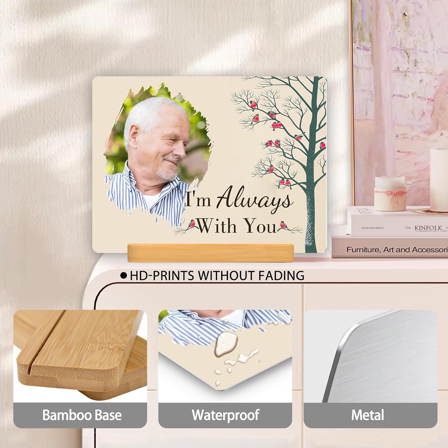 Custom Photo Prints - Metal Desktop Picture Frame with Photos & Text & Wooden Base Personalized Gifts for Family Lovers Pets and Friends, Optional Multiple Sizes