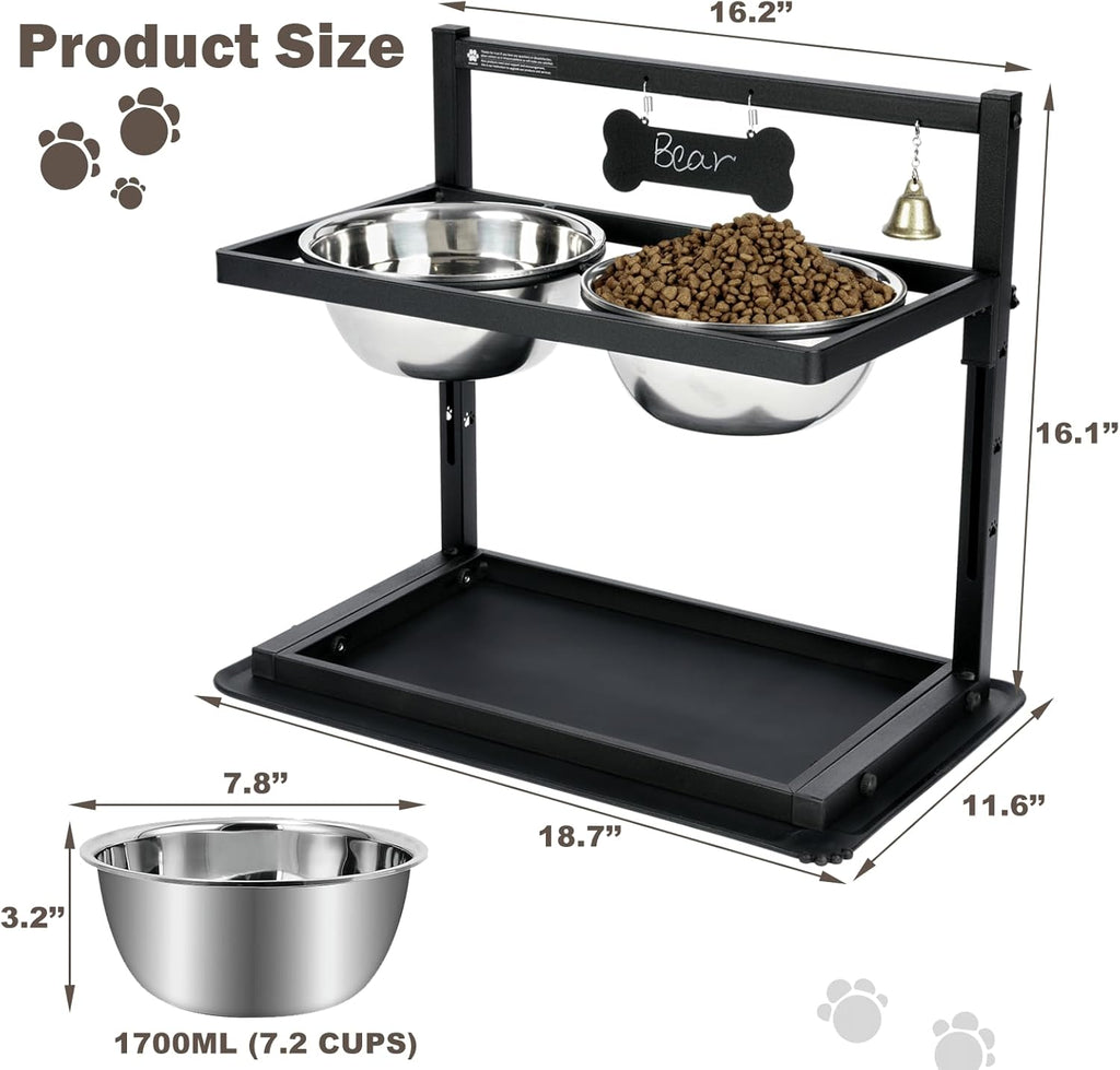 Elevated Dog Bowls with Slow Feeder for Large and Medium Dogs, Adjustable Height Raised Dog Bowl Stand with 2 Stainless Steel Bowls and Spill-Proof Mat, Dog Feeder for Healthy Eating (Grey)