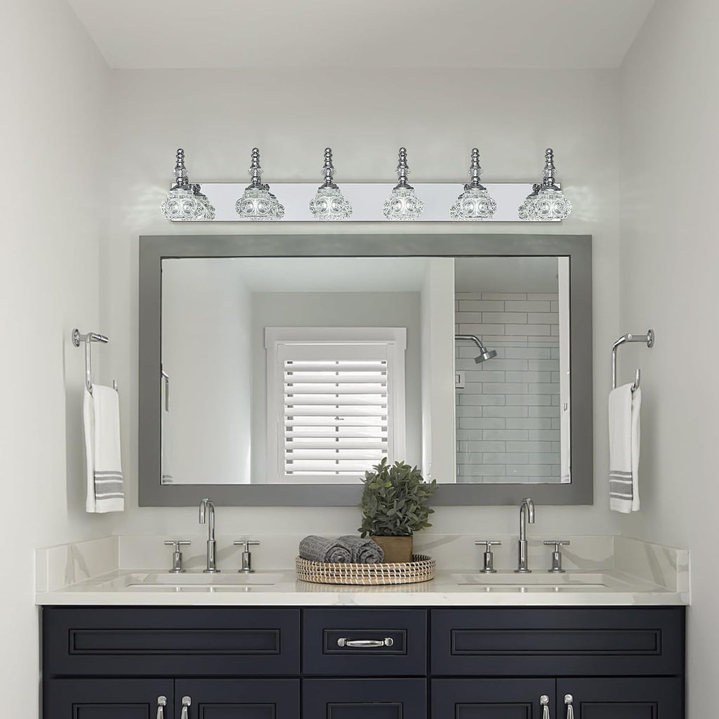 Modern Glass Crystal Vanity Light - Vintage Bathroom Lighting Fixtures Over Mirror, 6 Light Vanity Lights G9 Bulb (43.3 Inch, Chrome)