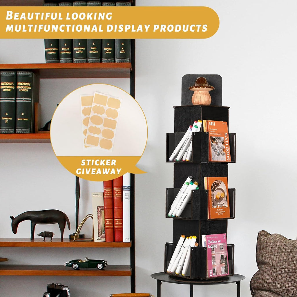 Natheeph Rotating Display Stand Greeting Card Display Wooden Display Rack with Two Card Sticker for Greeting Card Vendor Coffee Bag 3 Tier Tabletop Display Stand (Ebony)
