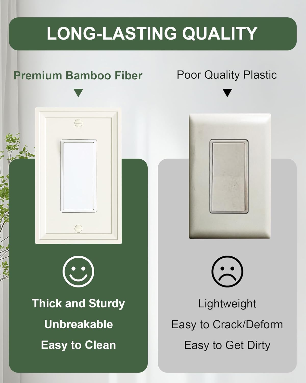 2-Pack Decorator Outlet Cover Plate, Light Almond Modern Decorative Switch Plates and Outlet Covers, Natural Bamboo Fiber Wall Plates for Electrical Outlets