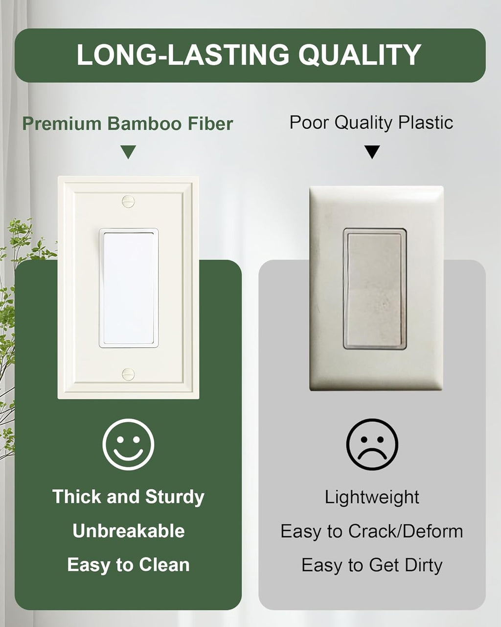 6-Pack Decorator Outlet Cover Plate, Light Almond Modern Decorative Switch Plates and Outlet Covers, Natural Bamboo Fiber Wall Plates for Electrical Outlets