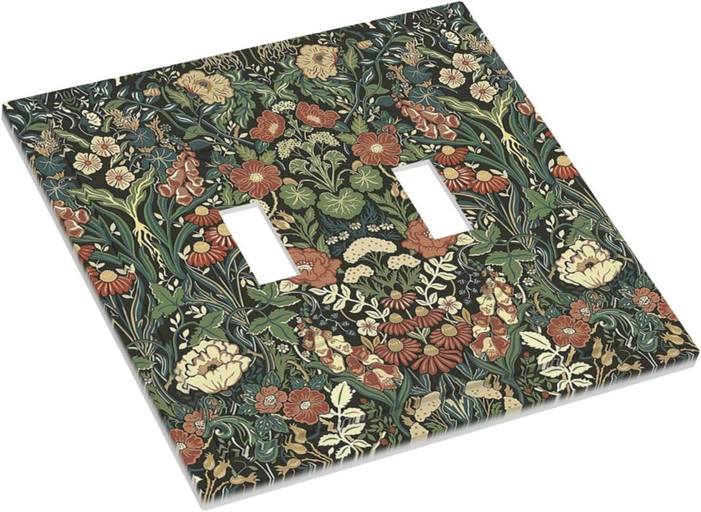 Decorative Switch Plates Vintage Dark Floral William Morris Green Flower 2 Gang Double Toggle Outlet Light Switch Cover Wall Plate Electrical Faceplate for living Room Home Decor