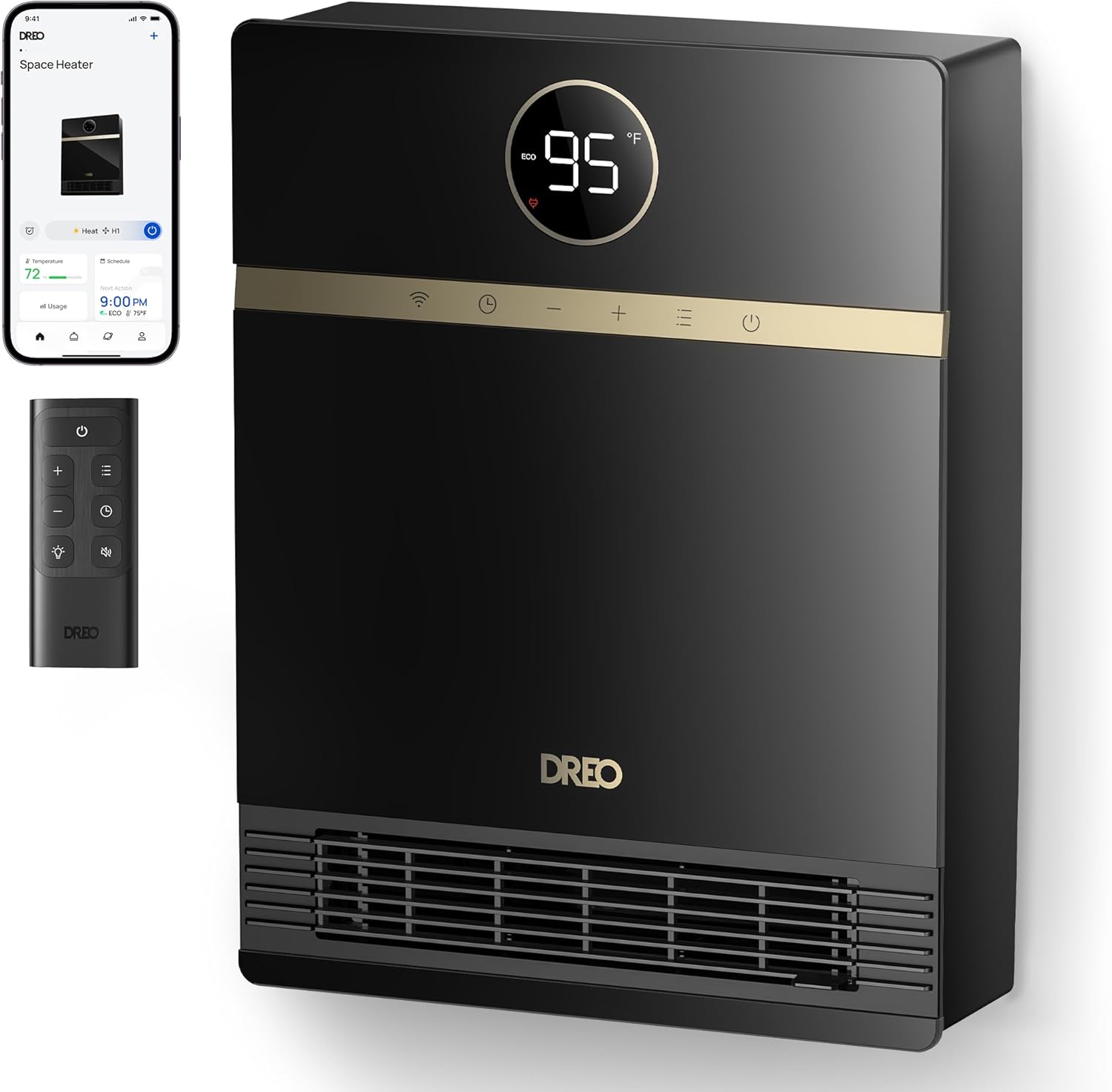 Dreo Smart Wall Heater, IP24 Electric PTC Space Heater for Indoor Use, 30° Oscillation, Adjustable Thermostat, Remote Control, Works with Alexa, 24H Timer, Easy-mounted for Bedroom, Office