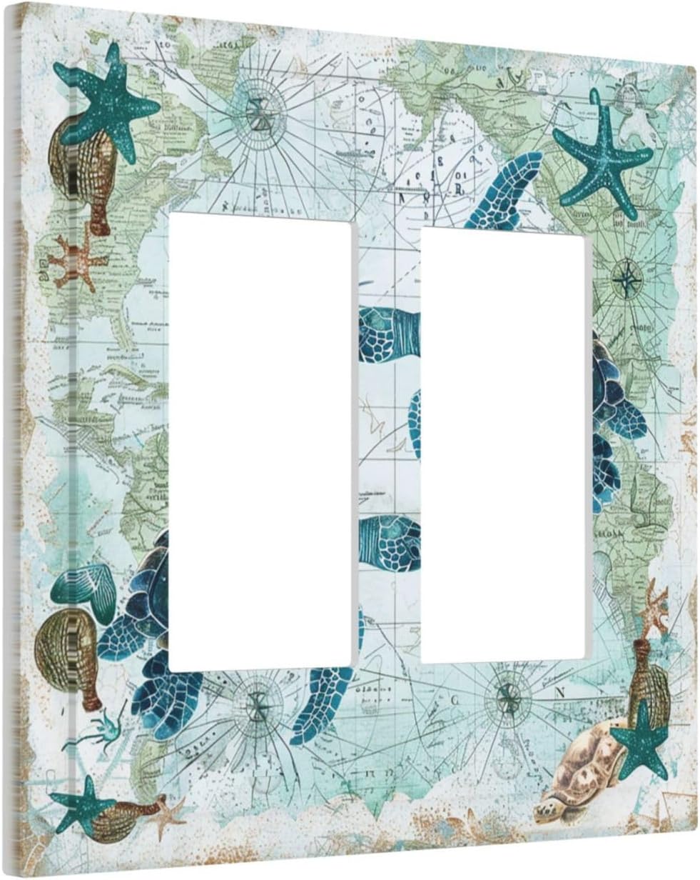 Decorative Outlet Covers Nautical Green Sea Turtles Beach Blue Ocean 2 Gang Double Gfci Rocker Electrical Wall Panels Light Switch Cover Plate For Bathroom Kids Room Decor