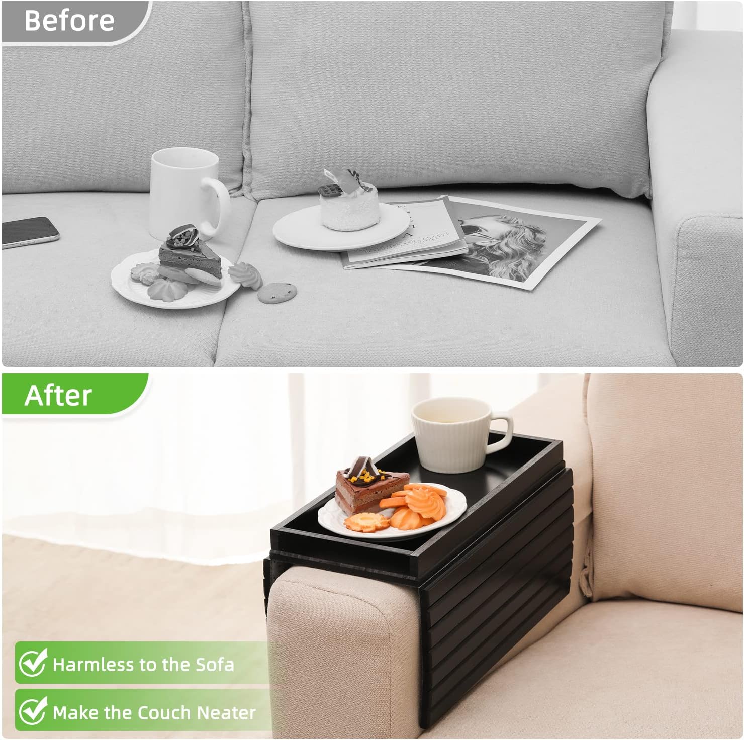 GEHE Bamboo Sofa Arm Tray, Foldable Couch Arm Tray Side Table, Anti-Falling Armrest Tables Cup Holder for Snacks, Drinks, Beers, Phone, Control, Flexible and Portable, Anti-Slip Bottom
