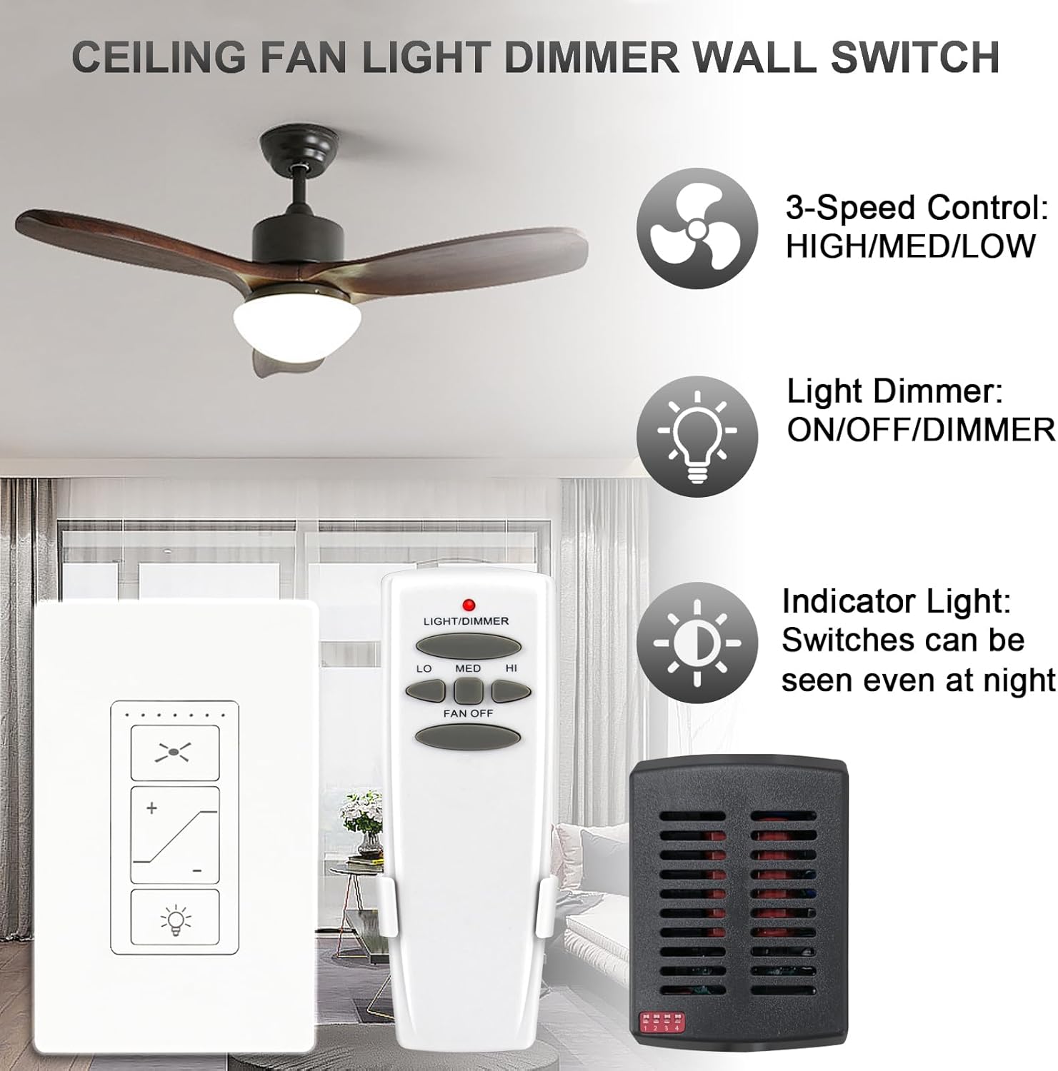 Ceiling Fan Remote Control Kit, Universal Ceiling Fan Remote Control and Light Switch, Ceiling Fan Wall Switch UC9050T, Fan Remote Control Kit Compatible with Hampton Bay Harbor Breeze Hunter