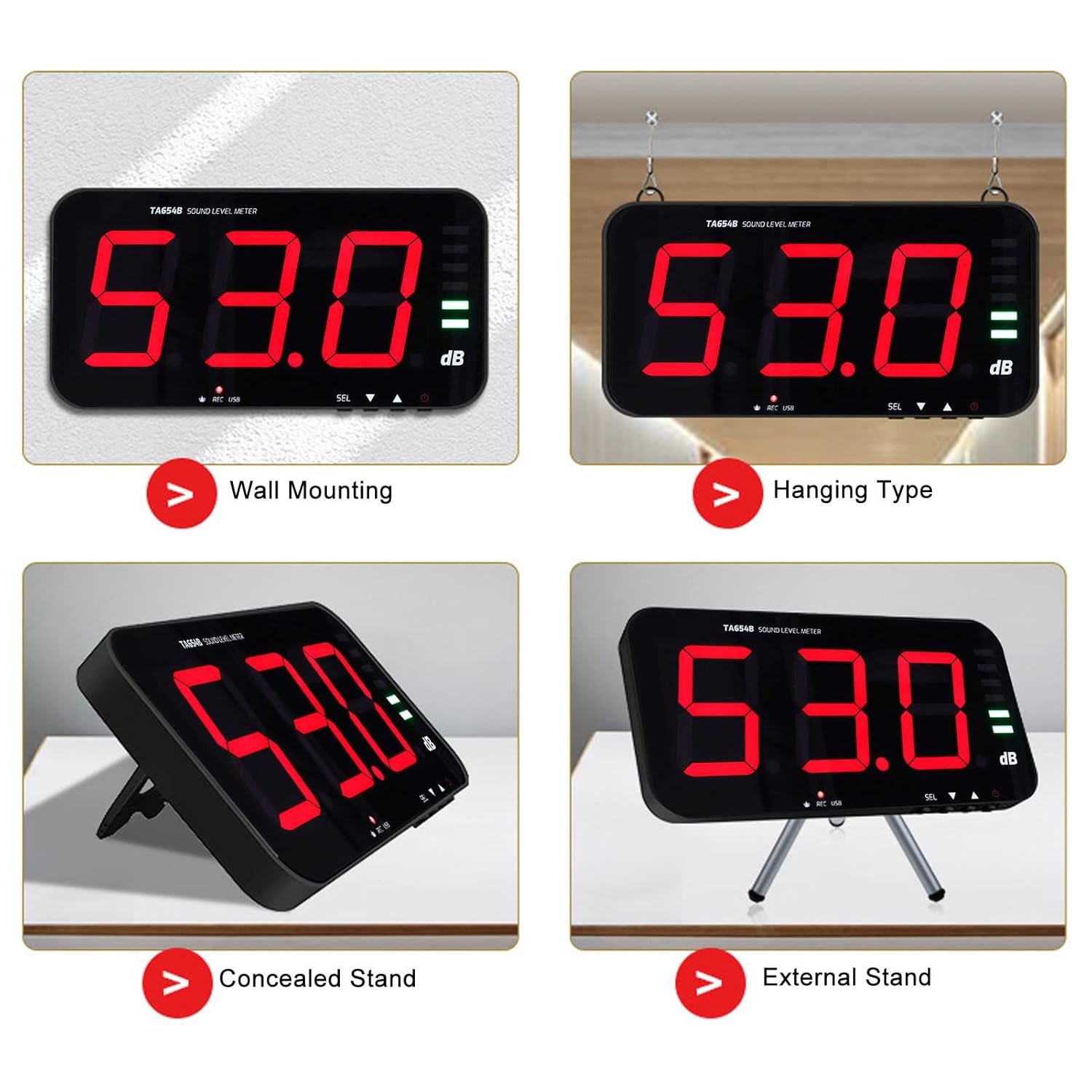 Decibel Meter Sound Alarm Wall Hanging Noise 30-130db Reader Digital Large LCD Display Mounted Temperature Humidity Measuring Level Db Tester TA654B