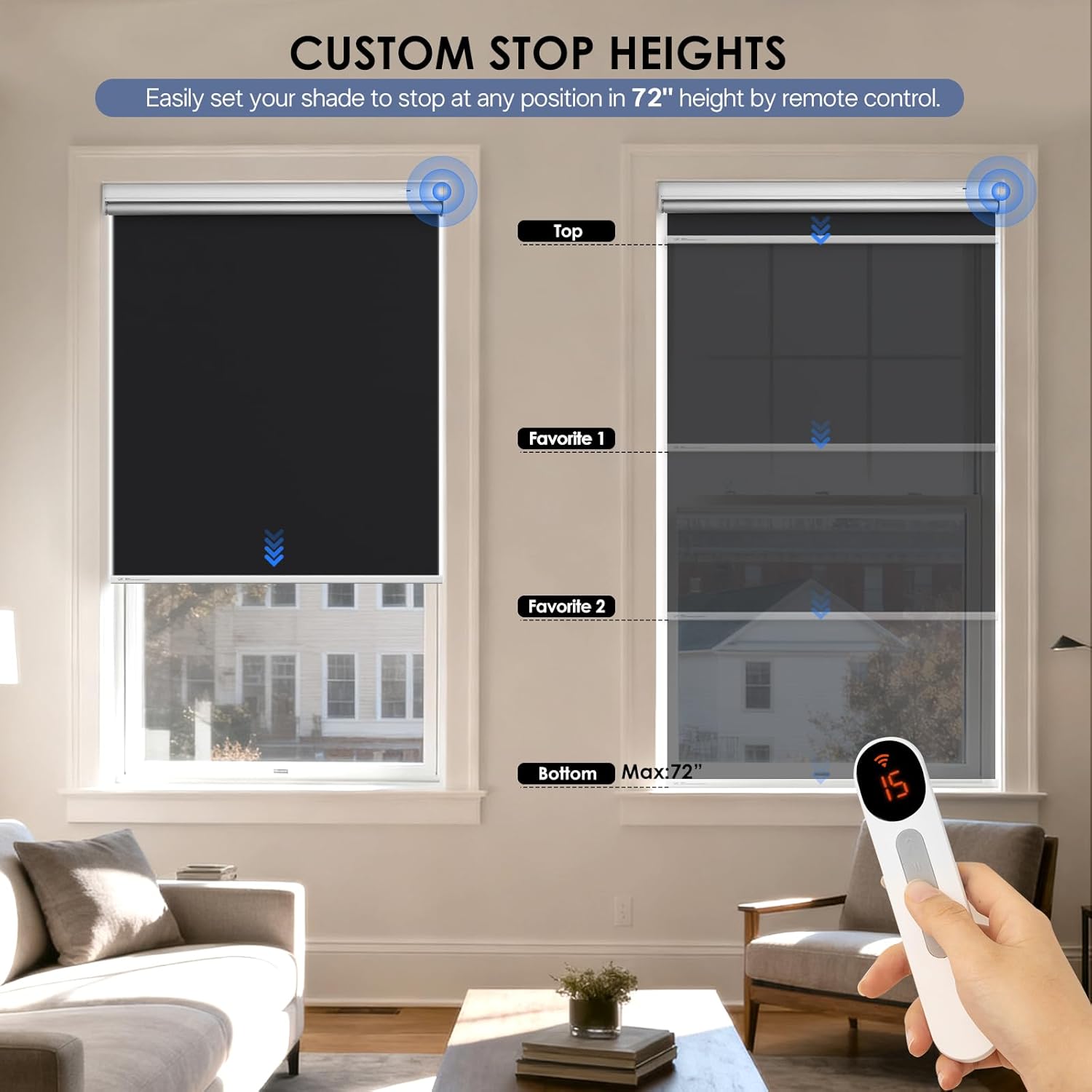 Motorized Roller Blinds with Remote Control & Solar Panel - 100% Blackout Smart Blinds, Automatic, Cordless, Electric Shades - Compatible with Alexa - Black