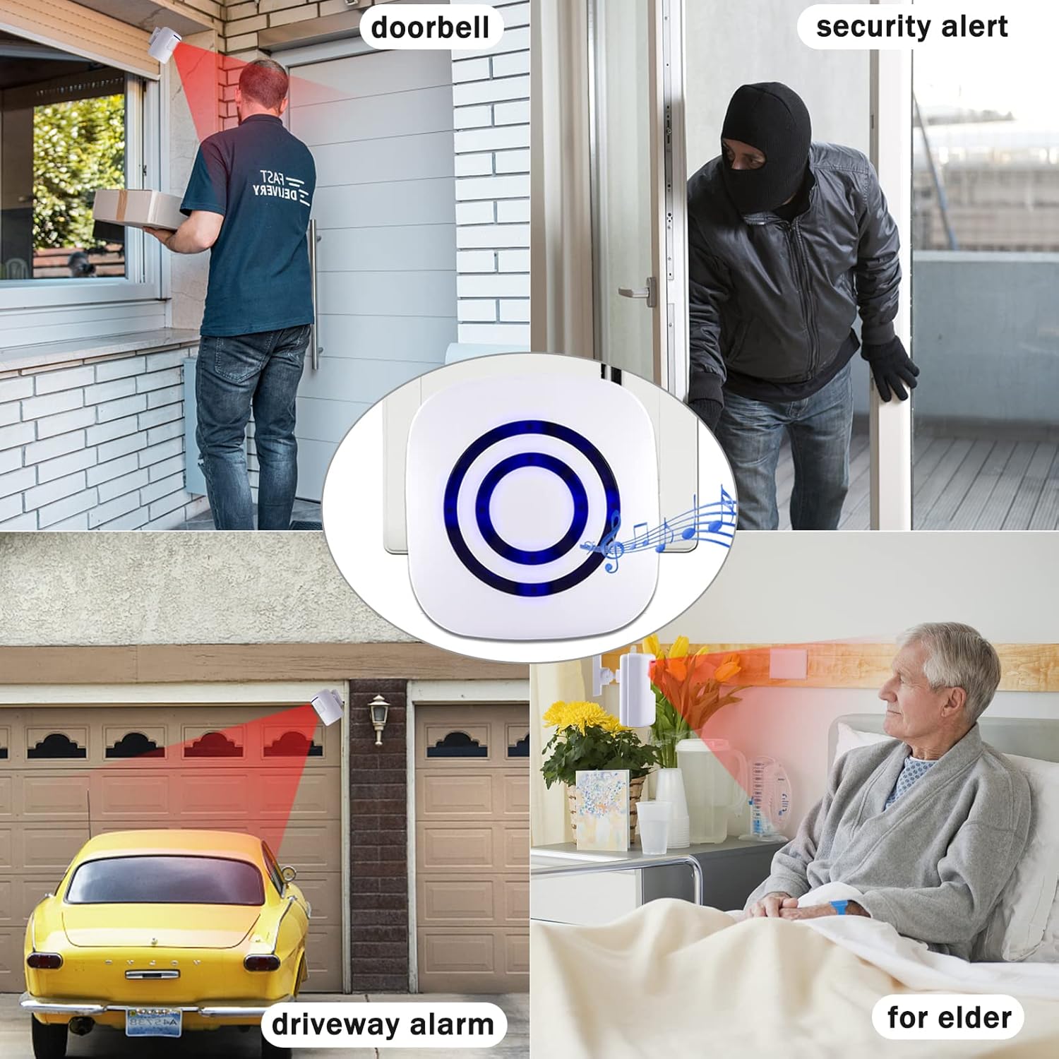 Motion Sensor Alarm, Long Range Wireless Driveway Alarm, Indoor Home Security System Electric Doorbells, 2 Motion Detector and 1 Alarm, 38 Chime Tunes, LED Indicator