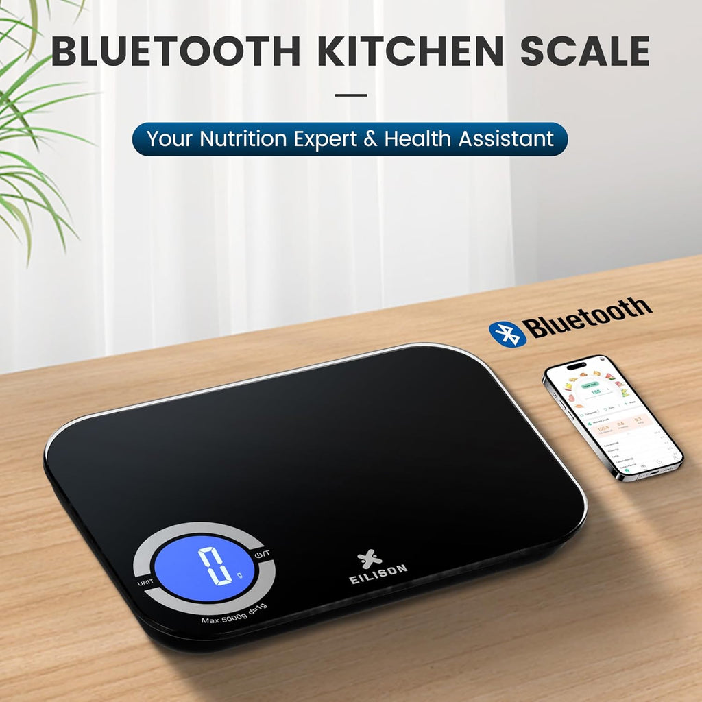 EILISON Smart Kitchen Scale with Bluetooth App, High-Precision Digital Food Scale for Baking, Cooking & Diet, 8000 Food Database, 24 Nutrients, Touchscreen, Tare Function, 5g-8000g Capacity (Black)