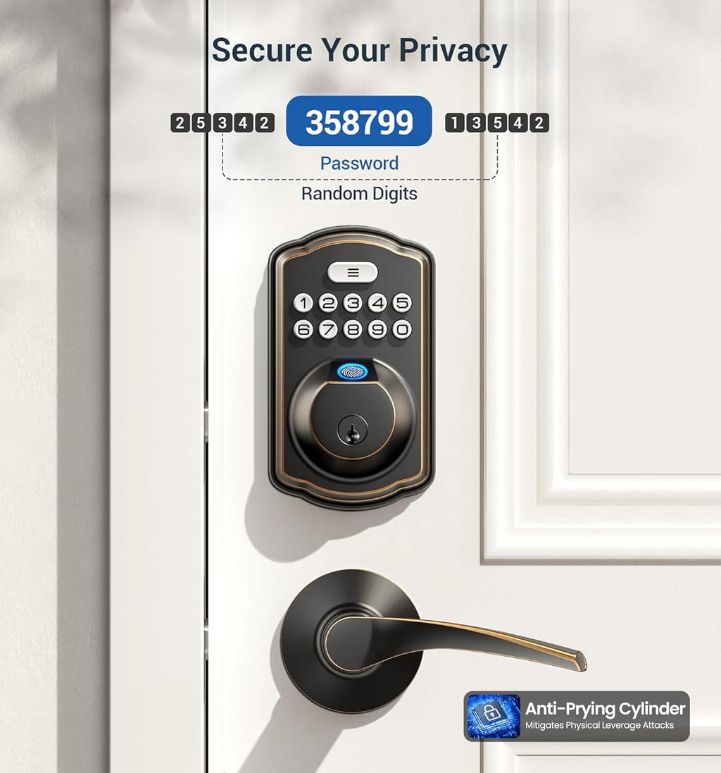 Veise Fingerprint Door Lock with 2 Lever Handles - Keyless Entry Door Lock, Electronic Keypad Deadbolt, Digital Smart Code & Front Handle Sets, Auto-Locking, Easy Installation, Oil Rubbed Bronze