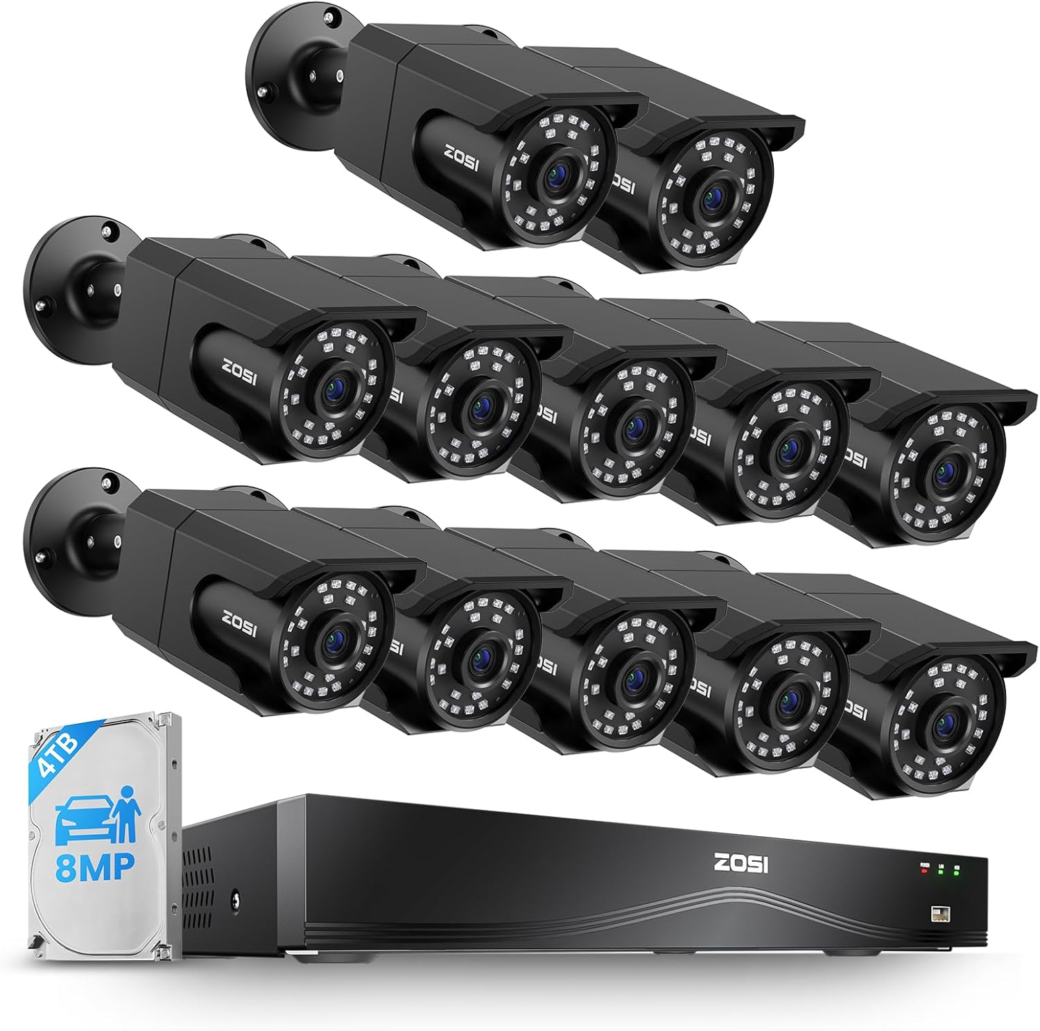 ZOSI 4K 16CH PoE NVR Security Camera System, 12 x 8MP PoE IP Camera Outdoor Indoor with AI Human Vehicle Detection, Night Vision, IP66 Weatherproof, 4K 16CH NVR with 4TB HDD for 24/7 Recording