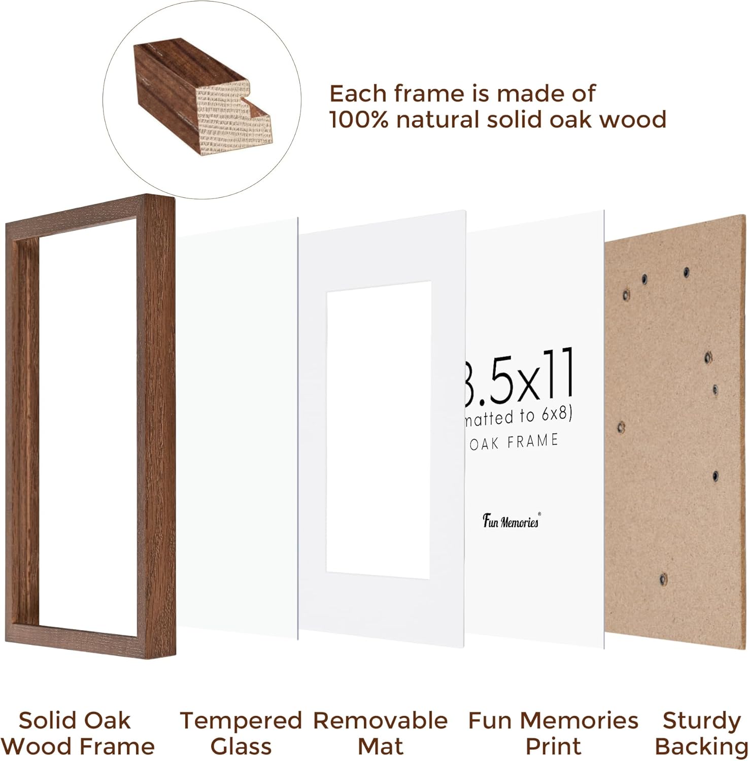 Fun Memories Solid Oak Wood Frame 8.5x11 Photo Frames With Real Glass, Display Poster 6x8 With Mat or Without Mat, Wall Display, Walnut Color, 3 Pack