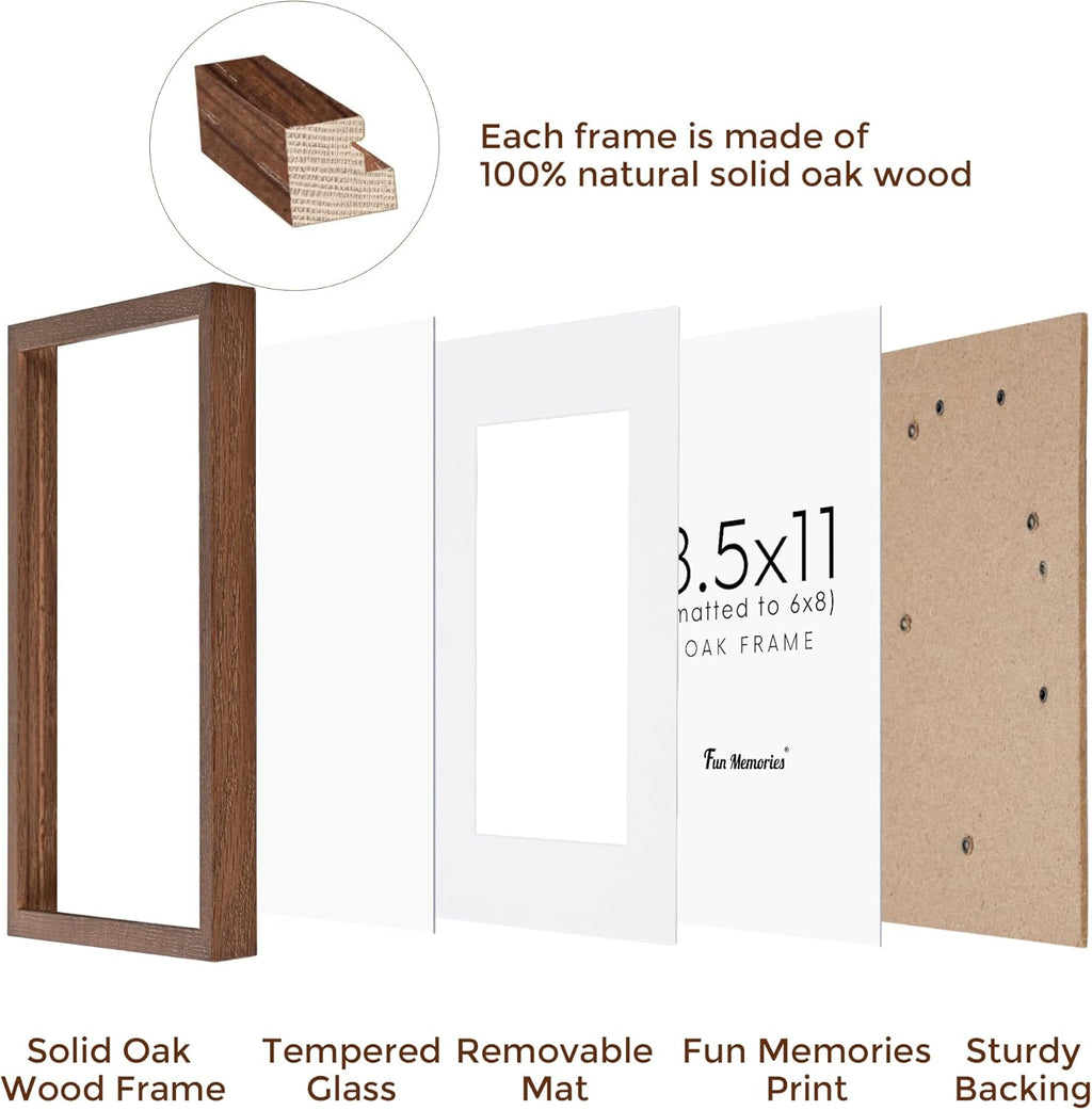 Picture Frame 8.5x11, Natural Oak Wood 8.5 x 11 Photo Frame, 8.5 by 11 Frame for Wall, 8.5x11 Picture Frame with Mat for 6x8, Tempered Real Glass, Walnut Color, Set of 1