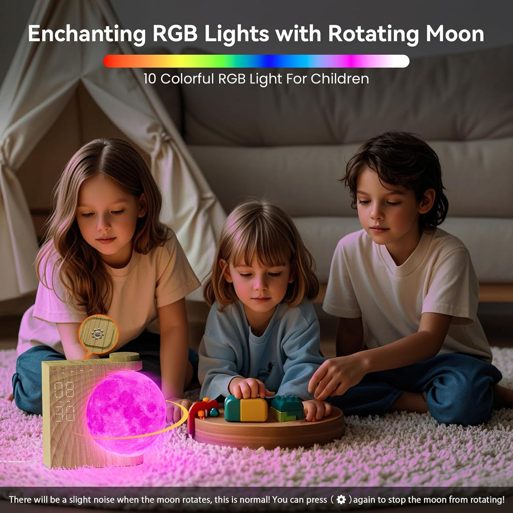 Rotatable Moonlight Alarm Clock, Sunrise Alarm Sleep Sound Machines, Night Lamp for Bedrooms with Snooze Function, 10 Light Effects, 30/60/90 Timer, 10 Sleep Nature Sounds, 15 Ringtones, 12 Volume
